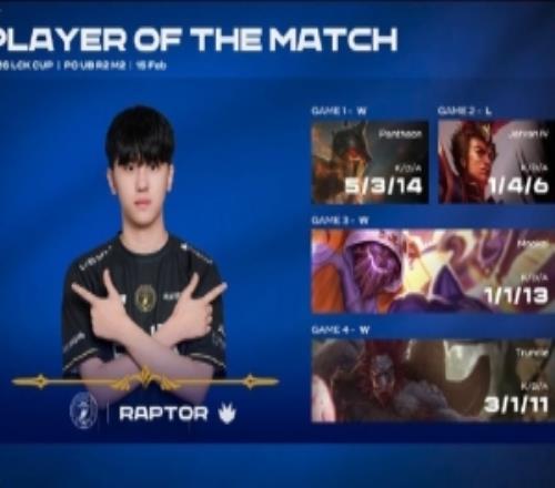 Raptor四局合砍10944的战绩，拿下BFX对阵T1系列赛MVP