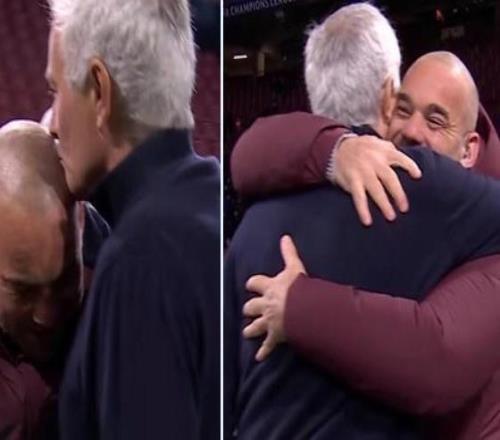 欧冠赛前穆里尼奥与两名昔日弟子重逢，并亲吻了斯内德的光头