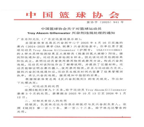 尿检呈大麻酚类阳性，CBA一美籍外援被禁赛3个月