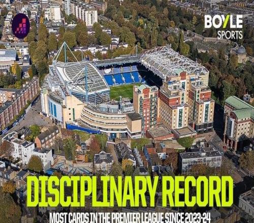 自2324赛季以来英超红黄牌榜：切尔西共计239张居首