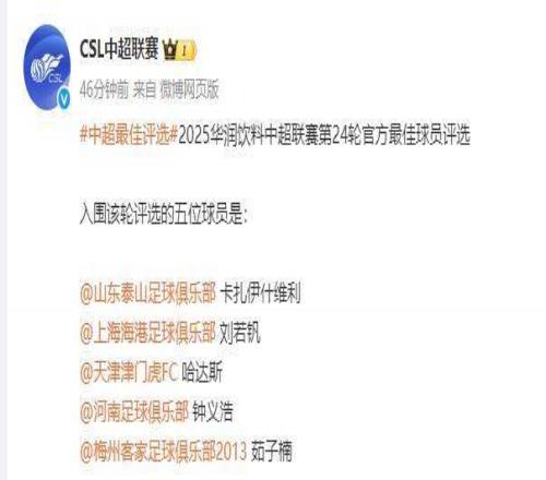 中超第24轮最佳候选：卡扎伊什维利刘若钒在列