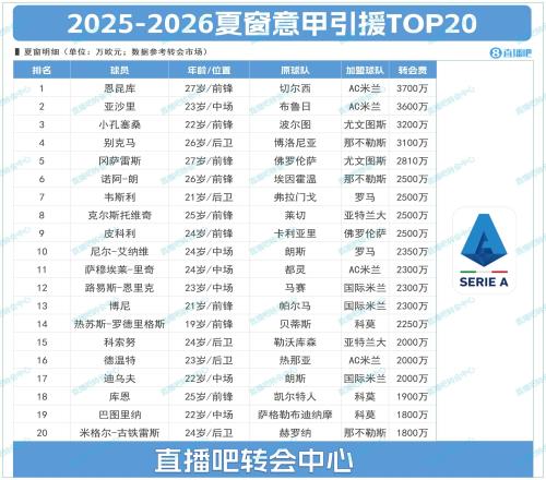 意甲夏窗TOP20：米兰包揽前二，恩昆库3700万标王亚沙里3600万