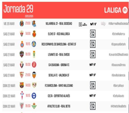 西甲第29轮开赛时间：马德里德比3月23日400开战