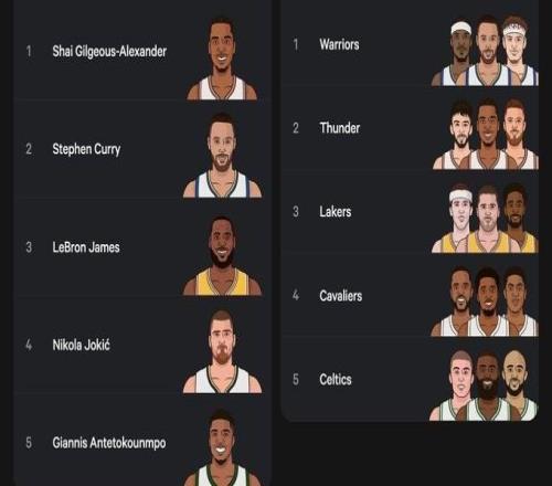詹库湖勇领衔NBA数据网站2025年搜索量前3，亚历山大和雷霆在列