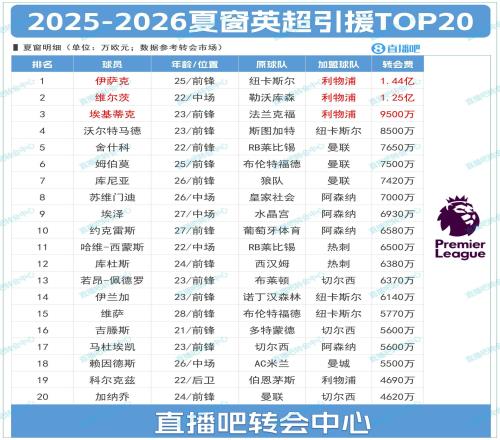 英超夏窗TOP20：利物浦霸榜前三&标王伊萨克BIG6+纽卡包揽前20